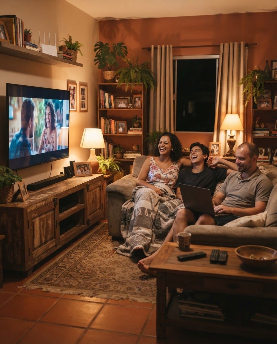 Família reunida em casa usando a internet, com a Rede Leal em Alto da Boa Vista Araripina